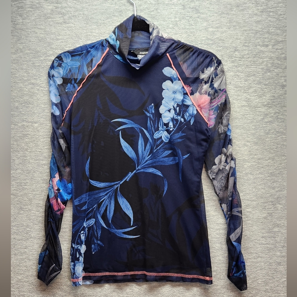 Desigual floral Ruched Sheer long-sleeved top women's Sm Whimsical Punk Grunge